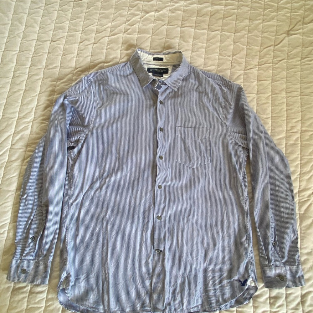 American Eagle Mens L Blue/White Slim-Fit Striped Button-Down Shirt